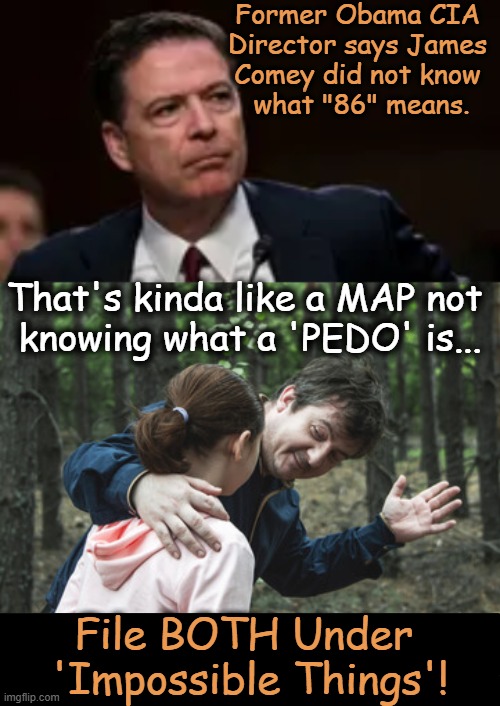 This just hit me! Please add more comparisons in the comment section...:) | Former Obama CIA 
Director says James 
Comey did not know 
what "86" means. That's kinda like a MAP not 
knowing what a 'PEDO' is... File BOTH Under 
'Impossible Things'! | image tagged in fbi director james comey,liar liar pants on fire,how dumb do they think we are,assassination,promotion,political humor | made w/ Imgflip meme maker