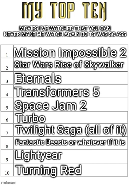 Top ten list better | MOVIES I'VE WATCHED THAT YOU CAN NEVER MAKE ME WATCH AGAIN BC TS WAS SO ASS; Mission Impossible 2; Star Wars Rise of Skywalker; Eternals; Transformers 5; Space Jam 2; Turbo; Twilight Saga (all of it); Fantastic Beasts or whatever tf it is; Lightyear; Turning Red | image tagged in top ten list better | made w/ Imgflip meme maker