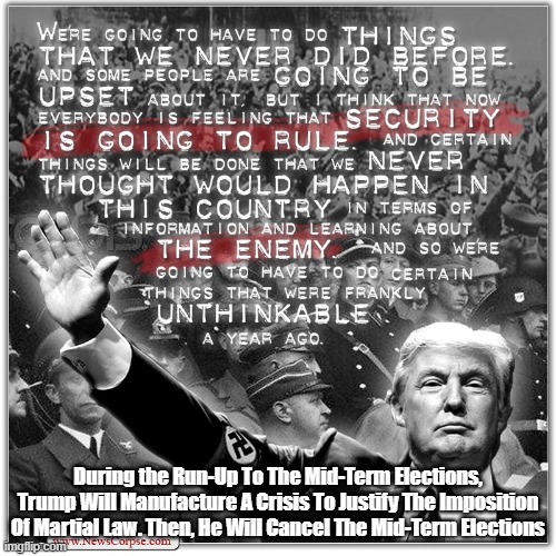 Knowing He Will Lose The House (And Maybe The Senate) Trump Will Cancel The Mid-Term Elections | During the Run-Up To The Mid-Term Elections, Trump Will Manufacture A Crisis To Justify The Imposition Of Martial Law. Then, He Will Cancel The Mid-Term Elections | image tagged in mid term elections,midterm elections,mid-term elections,fascist trump,kristallnacht,unthinkable | made w/ Imgflip meme maker