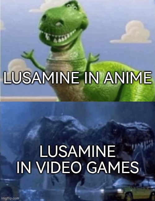 Well, well, well. How the turn Lusamine's history. | LUSAMINE IN ANIME; LUSAMINE IN VIDEO GAMES | image tagged in happy angry dinosaur,lusamine | made w/ Imgflip meme maker