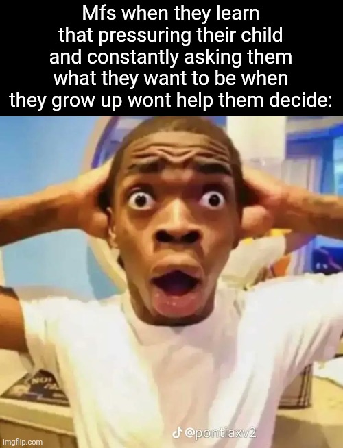 My family does this so often and its starting to upset me | Mfs when they learn that pressuring their child and constantly asking them what they want to be when they grow up wont help them decide: | image tagged in shocked black guy | made w/ Imgflip meme maker