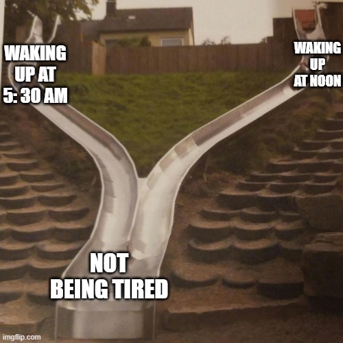 real | WAKING UP AT NOON; WAKING UP AT 5: 30 AM; NOT BEING TIRED | image tagged in two slides merging | made w/ Imgflip meme maker