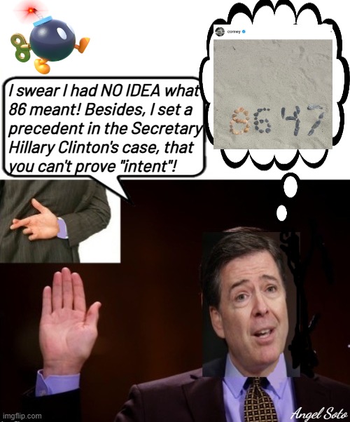 comey crossed fingers and a double crosser | I swear I had NO IDEA what 
86 meant! Besides, I set a
precedent in the Secretary
Hillary Clinton's case, that 
you can't prove "intent"! Angel Soto | image tagged in comey crossed fingers and a double crosser,comey,fbi director james comey,8647,president trump,hillary clinton | made w/ Imgflip meme maker