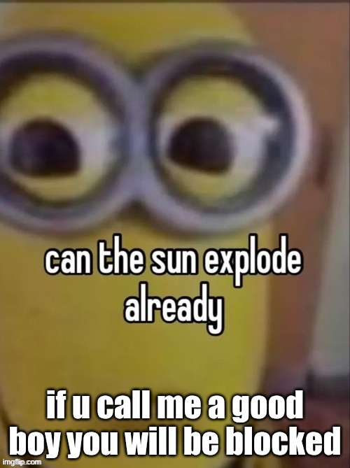 e | if u call me a good boy you will be blocked | image tagged in can the sun explode already | made w/ Imgflip meme maker