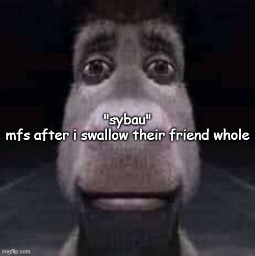 Donkey staring | "sybau"
mfs after i swallow their friend whole | image tagged in donkey staring | made w/ Imgflip meme maker