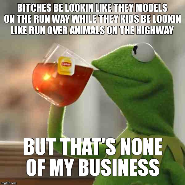 B**CHES BE LOOKIN LIKE THEY MODELS ON THE RUN WAY WHILE THEY KIDS BE LOOKIN LIKE RUN OVER ANIMALS ON THE HIGHWAY BUT THAT'S NONE OF MY BUSIN | image tagged in thats none of my business | made w/ Imgflip meme maker