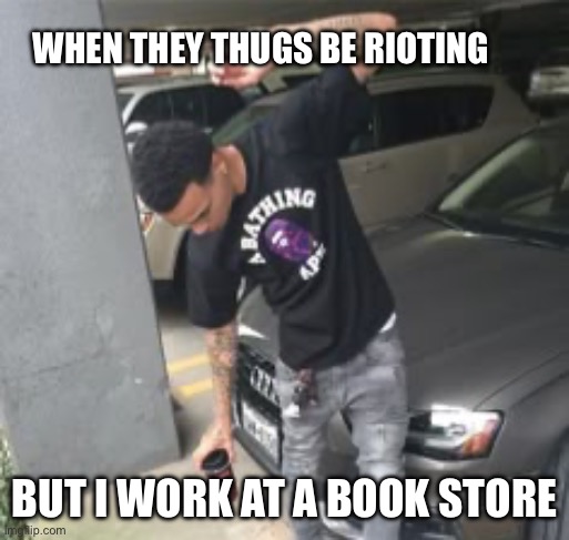 Good thing they don’t read | WHEN THEY THUGS BE RIOTING; BUT I WORK AT A BOOK STORE | image tagged in riots,blm | made w/ Imgflip meme maker