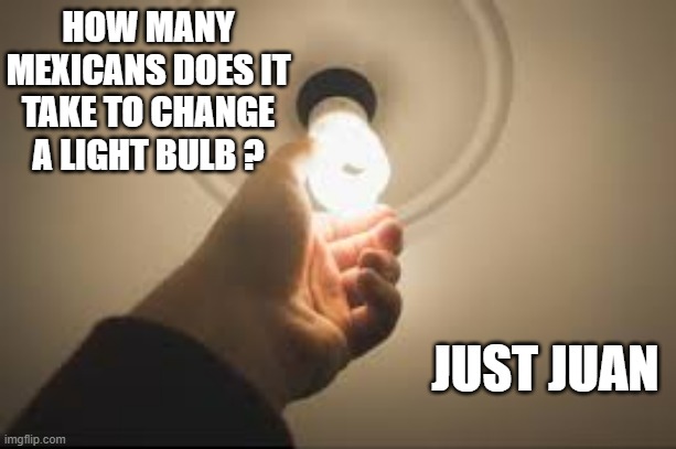 How many Mexicans does it take to change a light bulb? | HOW MANY MEXICANS DOES IT TAKE TO CHANGE A LIGHT BULB ? JUST JUAN | image tagged in funny,fun,pun,play on words,mexicans,humor | made w/ Imgflip meme maker