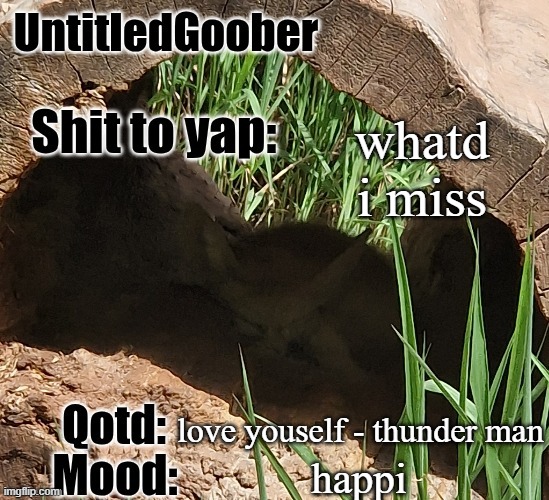 UntitledGoober's MSMG announcement temp | whatd i miss; love youself - thunder man; happi | image tagged in untitledgoober's msmg announcement temp | made w/ Imgflip meme maker