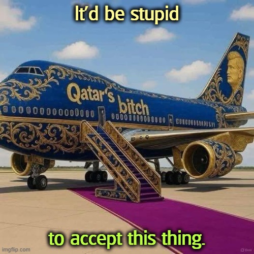 Trump 747 Qatar bribe vulgar greedy embarrassing | It'd be stupid; to accept this thing. | image tagged in trump 747 qatar bribe vulgar greedy embarrassing,trump,747,qatar,bribe,greedy | made w/ Imgflip meme maker