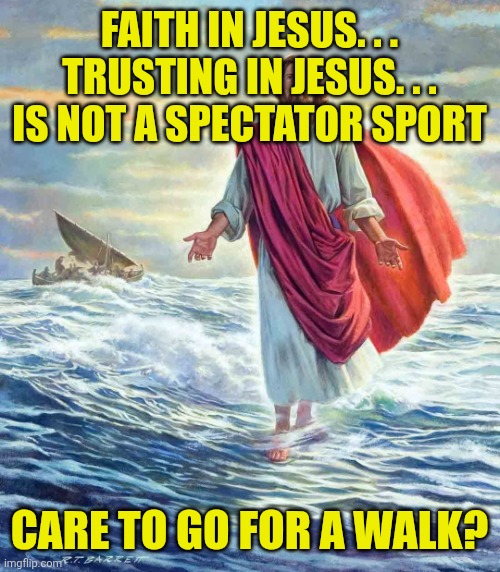 Walking on Water | FAITH IN JESUS. . .
TRUSTING IN JESUS. . .
IS NOT A SPECTATOR SPORT; CARE TO GO FOR A WALK? | image tagged in walking on water | made w/ Imgflip meme maker