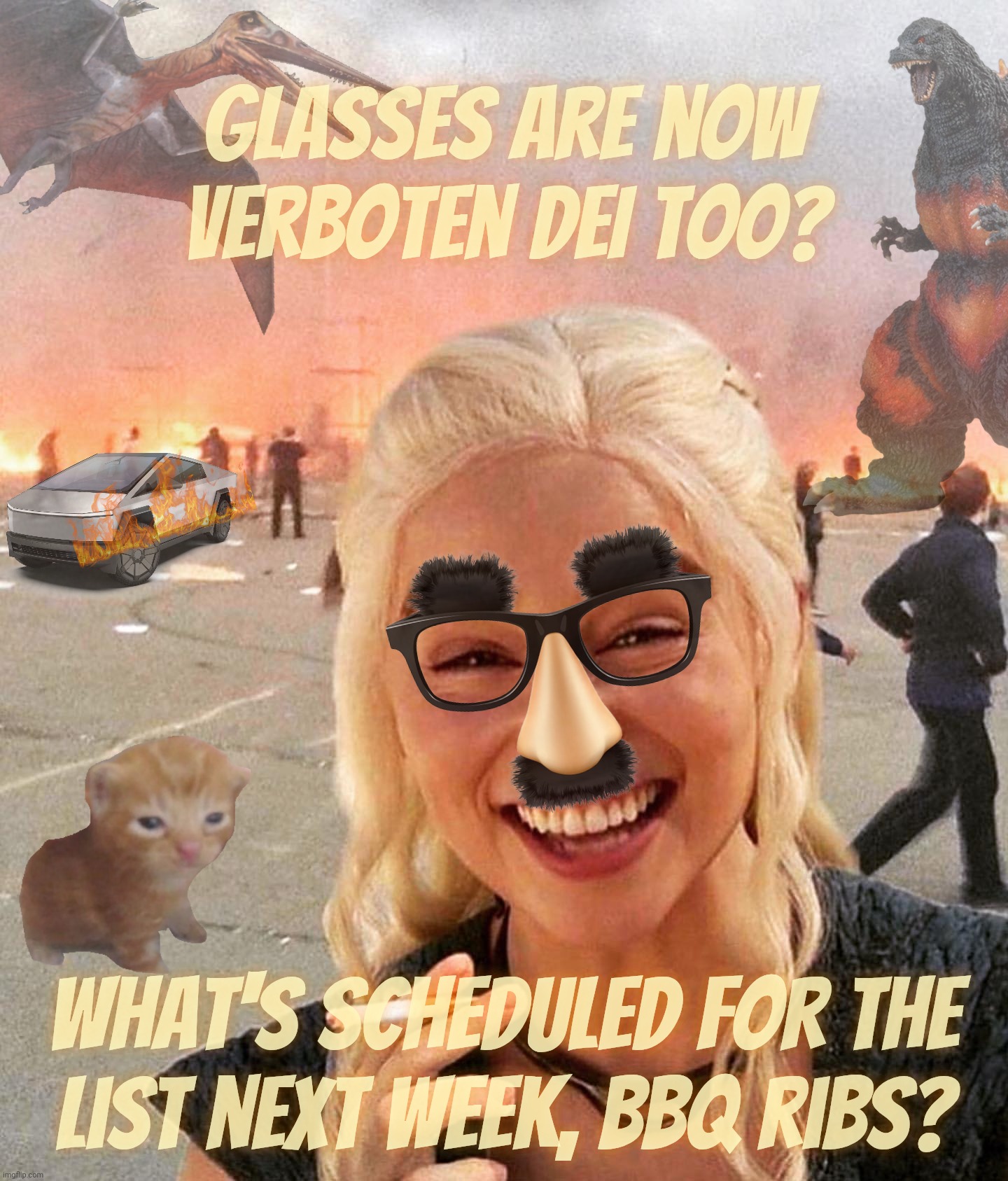 New Orleans police captain sporting non-Clark Kent glasses so therefore she's an inept DEI hire, according to the MAGAts | Glasses are now
verboten DEI too? What's scheduled for the
List next week, BBQ ribs? | image tagged in disaster smoker girl,new orleans jail escape,police captain  goofy glasses,so therefore she's dei,oh and her race,say magats | made w/ Imgflip meme maker