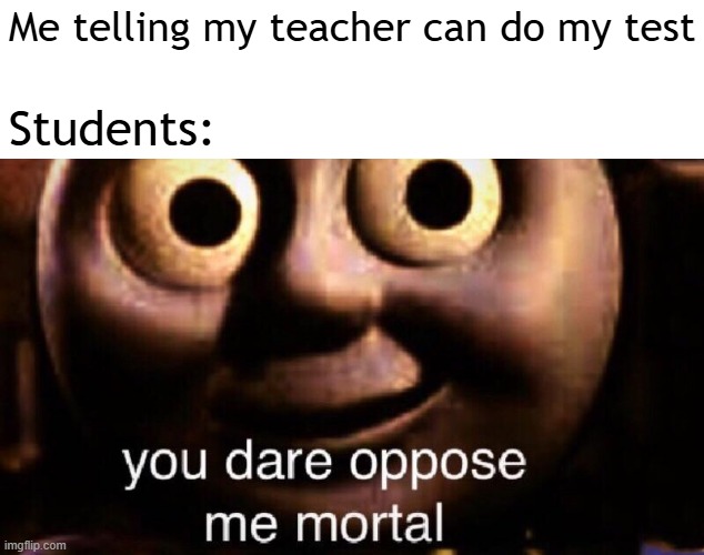 My students telling the teacher to do my test | Me telling my teacher can do my test; Students: | image tagged in you dare oppose me mortal,memes,funny | made w/ Imgflip meme maker