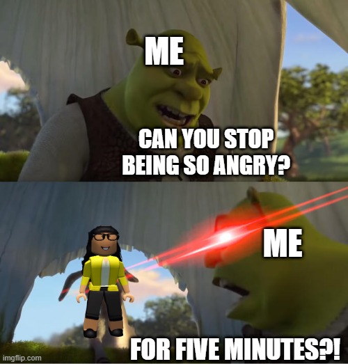 I just got mad at the Roblox teacher | ME; CAN YOU STOP BEING SO ANGRY? ME; FOR FIVE MINUTES?! | image tagged in shrek for five minutes,memes,funny,roblox meme | made w/ Imgflip meme maker
