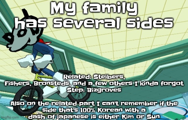 Ik that nobody cares but still | My family has several sides; Related: Steibers, Fishers, Bronsteds, and a few others I kinda forgot
Step: Bizgroves
‍
Also on the related part I can't remember if the side that's 100% Korean with a dash of japanese is either Kim or Sun | image tagged in cyberfunk | made w/ Imgflip meme maker