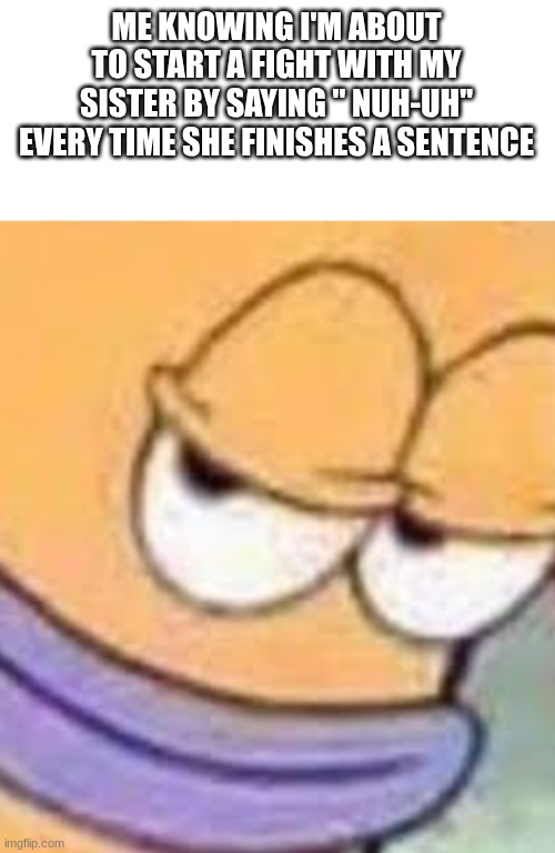 ME KNOWING I'M ABOUT TO START A FIGHT WITH MY SISTER BY SAYING " NUH-UH" EVERY TIME SHE FINISHES A SENTENCE | image tagged in siblings,making my sister angry on purpose,nuh uh,spongebob fish meme,too many tags | made w/ Imgflip meme maker
