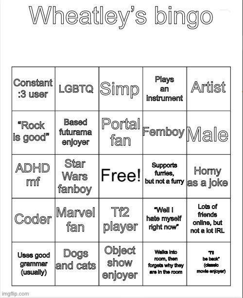 Dude. | image tagged in wheatleys bingo | made w/ Imgflip meme maker