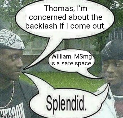 . | Thomas, I'm concerned about the backlash if I come out. William, MSmg is a safe space. | image tagged in we sell crack splendid | made w/ Imgflip meme maker