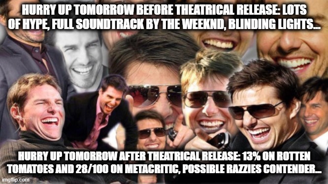 I predicted this months ago, and I was spot on. (The Weeknd is definitely going to win the Razzies for Worst Actor. Take note.) | HURRY UP TOMORROW BEFORE THEATRICAL RELEASE: LOTS OF HYPE, FULL SOUNDTRACK BY THE WEEKND, BLINDING LIGHTS... HURRY UP TOMORROW AFTER THEATRICAL RELEASE: 13% ON ROTTEN TOMATOES AND 28/100 ON METACRITIC, POSSIBLE RAZZIES CONTENDER... | image tagged in tom cruise laughing | made w/ Imgflip meme maker