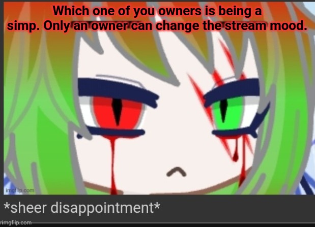 I may just show some mercy if you confess now. | Which one of you owners is being a simp. Only an owner can change the stream mood. | image tagged in sheer disappointment | made w/ Imgflip meme maker