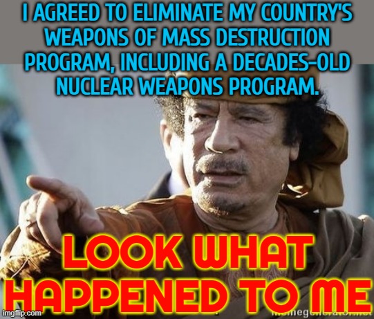 I Agreed To Eliminate My Country's Weapons Of Mass Destruction Program | I AGREED TO ELIMINATE MY COUNTRY'S
WEAPONS OF MASS DESTRUCTION
PROGRAM, INCLUDING A DECADES-OLD
NUCLEAR WEAPONS PROGRAM. LOOK WHAT
HAPPENED TO ME | image tagged in muammar gaddafi,european union,africa,islam,nuclear bomb,nuclear power | made w/ Imgflip meme maker