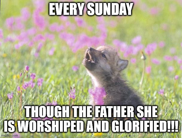 Baby Insanity Wolf Meme | EVERY SUNDAY; THOUGH THE FATHER SHE IS WORSHIPED AND GLORIFIED!!! | image tagged in memes,baby insanity wolf | made w/ Imgflip meme maker