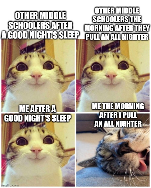 OTHER MIDDLE SCHOOLERS THE MORNING AFTER THEY PULL AN ALL NIGHTER; OTHER MIDDLE SCHOOLERS AFTER A GOOD NIGHT'S SLEEP; ME THE MORNING AFTER I PULL AN ALL NIGHTER; ME AFTER A GOOD NIGHT'S SLEEP | image tagged in memes | made w/ Imgflip meme maker