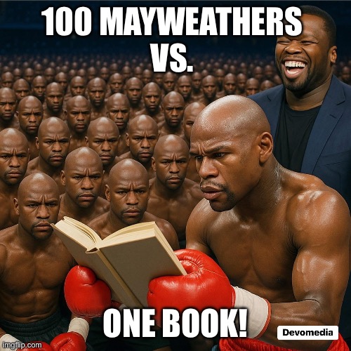Mayweather dyslexia hundred men one gorilla | 100 MAYWEATHERS 
VS. ONE BOOK! | image tagged in floyd mayweather,dyslexia,stupid people,boxing,mma,ufc | made w/ Imgflip meme maker