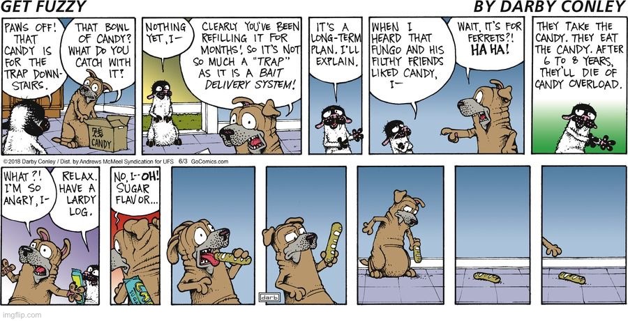 image tagged in comics,get fuzzy,cat and dog,ferret trap,candy | made w/ Imgflip meme maker