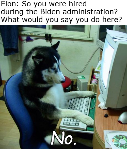 Inefficiency by design | Elon: So you were hired during the Biden administration? What would you say you do here? No. | image tagged in memes,i have no idea what i am doing,american politics,elon musk,joe biden | made w/ Imgflip meme maker