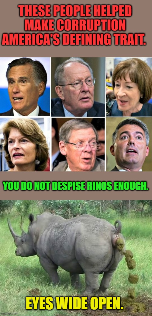 They'll steal everything if we let them. | THESE PEOPLE HELPED MAKE CORRUPTION AMERICA'S DEFINING TRAIT. YOU DO NOT DESPISE RINOS ENOUGH. EYES WIDE OPEN. | image tagged in rino republicans,rino | made w/ Imgflip meme maker