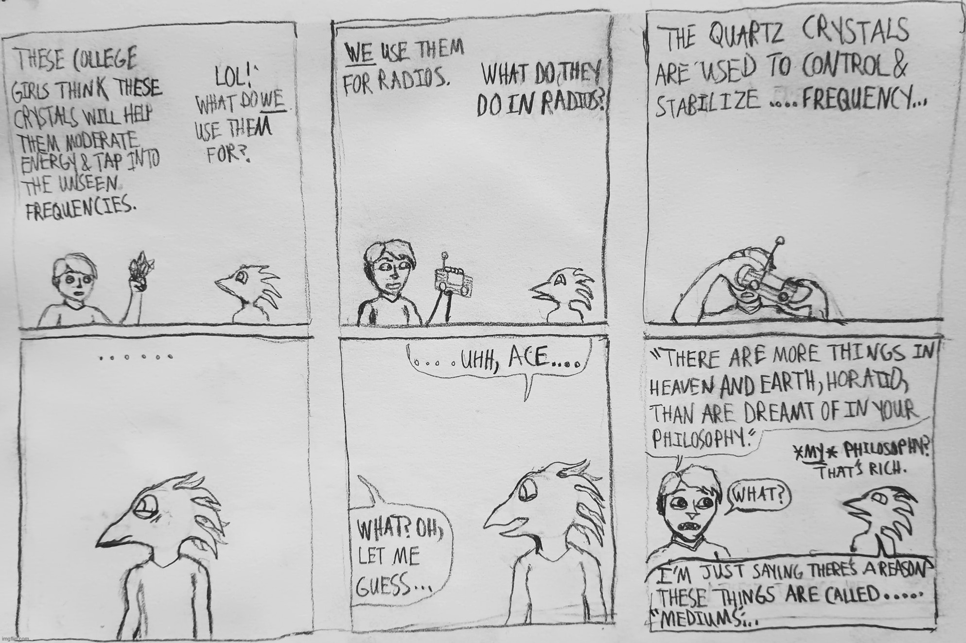 Ace N' Beaky discuss the applications (and implications) of crystals to technology, particularly the medium of radio. | image tagged in comics/cartoons,anthro,crystal,radio,lizard,bird | made w/ Imgflip meme maker