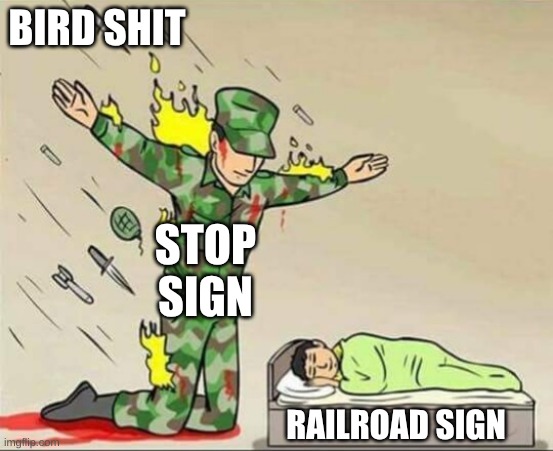 Soldier protecting sleeping child | BIRD SHIT STOP SIGN RAILROAD SIGN | image tagged in soldier protecting sleeping child | made w/ Imgflip meme maker