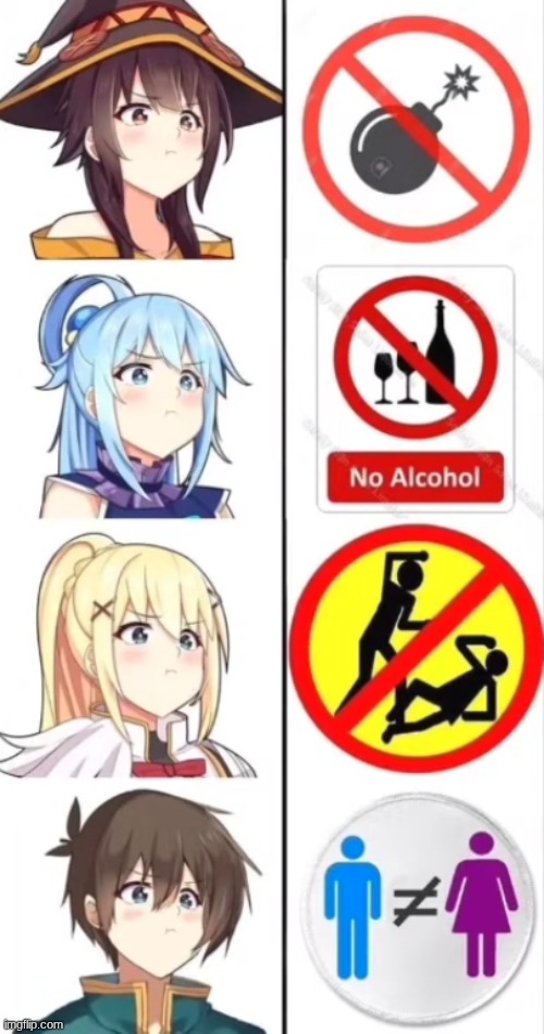 image tagged in konosuba,kazuma,megumin,darkness,aqua | made w/ Imgflip meme maker