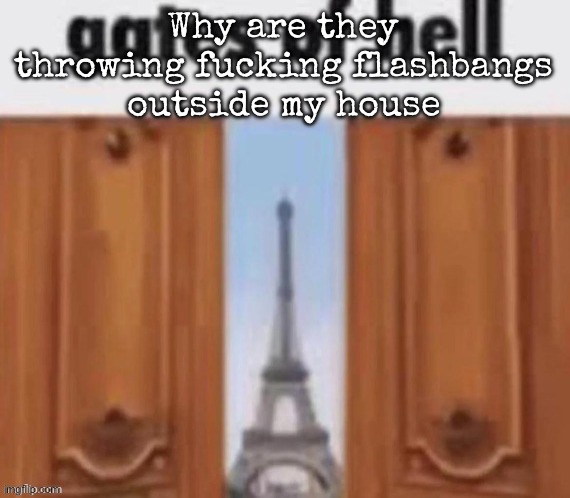 The gates of hell | Why are they throwing fucking flashbangs outside my house | image tagged in the gates of hell,msmg | made w/ Imgflip meme maker
