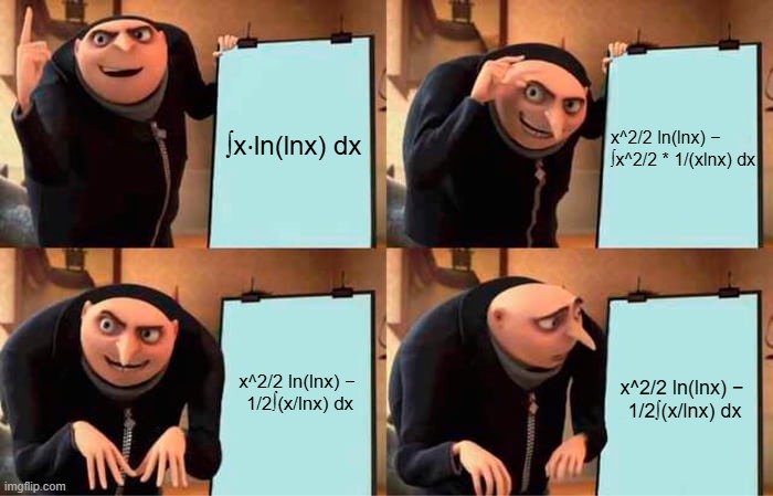 Integration by Parts | ∫x⋅ln(lnx) dx; x^2/2 ln(lnx) − 
∫x^2/2 * 1/(xlnx) dx; x^2/2 ln(lnx) − 
1/2∫(x/lnx) dx; x^2/2 ln(lnx) − 
1/2∫(x/lnx) dx | image tagged in memes,gru's plan,calculus,math,funny,fail | made w/ Imgflip meme maker