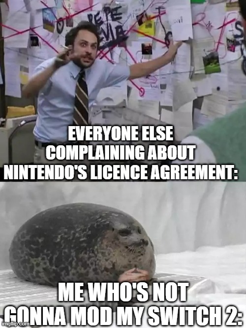 Like seriously, I know there are some angry people out there, but I'm not gonna have any problems. | EVERYONE ELSE COMPLAINING ABOUT NINTENDO'S LICENCE AGREEMENT:; ME WHO'S NOT GONNA MOD MY SWITCH 2: | image tagged in man explaining to seal,nintendo | made w/ Imgflip meme maker