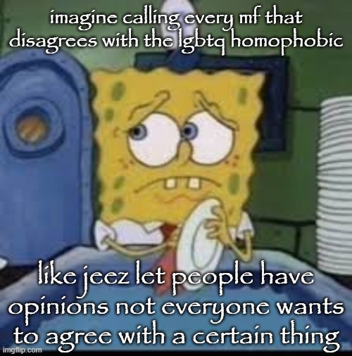 "homophobes wants us to perish" yeah that's stupid but seriously not all of them are like this | imagine calling every mf that disagrees with the lgbtq homophobic; like jeez let people have opinions not everyone wants to agree with a certain thing | image tagged in spongebob | made w/ Imgflip meme maker