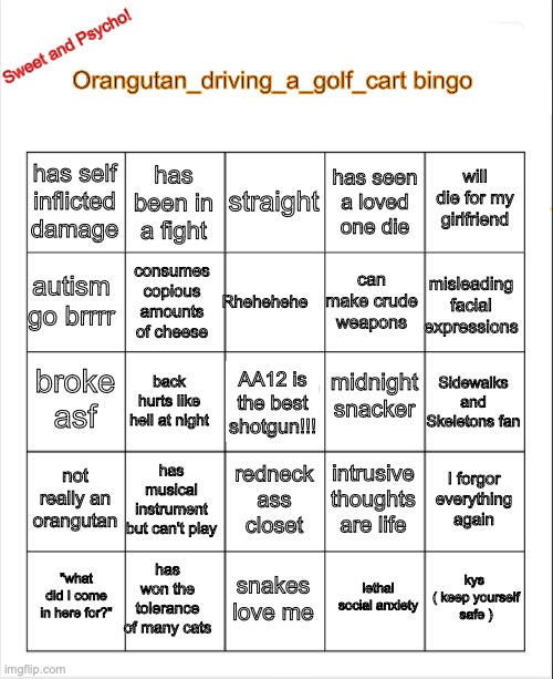 Orangutan_driving_a_golf_cart bingo Blank Meme Template