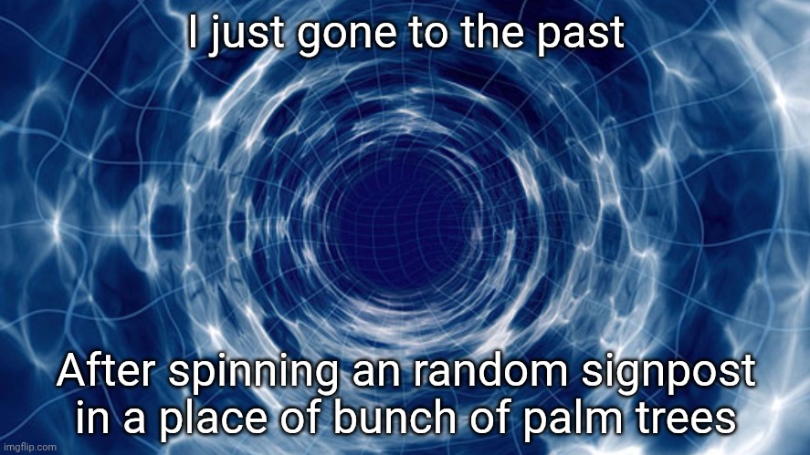 Time travel | I just gone to the past; After spinning an random signpost in a place of bunch of palm trees | image tagged in time travel | made w/ Imgflip meme maker