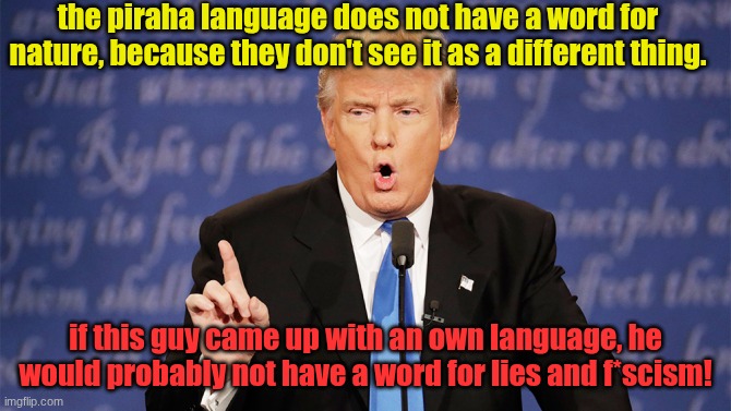 Donald Trump Wrong | the piraha language does not have a word for nature, because they don't see it as a different thing. if this guy came up with an own language, he would probably not have a word for lies and f*scism! | image tagged in donald trump wrong | made w/ Imgflip meme maker