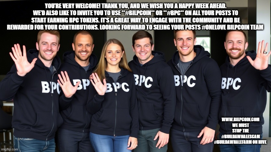 YOU’RE VERY WELCOME! THANK YOU, AND WE WISH YOU A HAPPY WEEK AHEAD. WE’D ALSO LIKE TO INVITE YOU TO USE **#BILPCOIN** OR **#BPC** ON ALL YOUR POSTS TO START EARNING BPC TOKENS. IT’S A GREAT WAY TO ENGAGE WITH THE COMMUNITY AND BE REWARDED FOR YOUR CONTRIBUTIONS. LOOKING FORWARD TO SEEING YOUR POSTS #ONELOVE BILPCOIN TEAM; WWW.BILPCOIN.COM WE MUST STOP THE #BUILDAWHALESCAM #BUILDAWHALEFARM ON HIVE | made w/ Imgflip meme maker