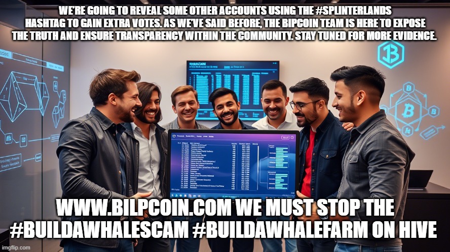 WE’RE GOING TO REVEAL SOME OTHER ACCOUNTS USING THE #SPLINTERLANDS HASHTAG TO GAIN EXTRA VOTES. AS WE’VE SAID BEFORE, THE BIPCOIN TEAM IS HERE TO EXPOSE THE TRUTH AND ENSURE TRANSPARENCY WITHIN THE COMMUNITY. STAY TUNED FOR MORE EVIDENCE. WWW.BILPCOIN.COM WE MUST STOP THE #BUILDAWHALESCAM #BUILDAWHALEFARM ON HIVE | made w/ Imgflip meme maker