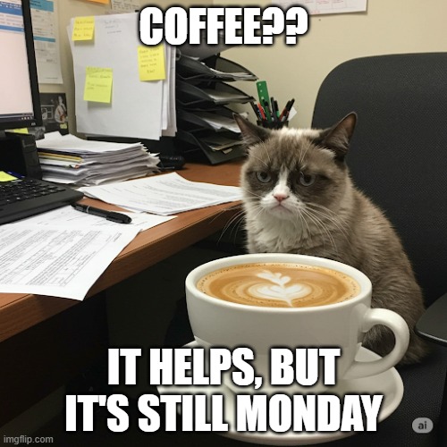 Monday again? | COFFEE?? IT HELPS, BUT IT'S STILL MONDAY | image tagged in coffee,i hate mondays | made w/ Imgflip meme maker