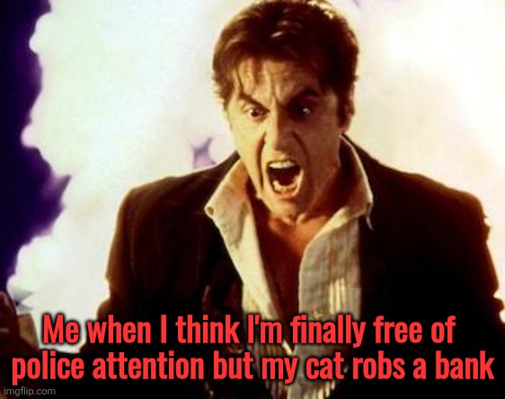 Al Pacino Satan | Me when I think I'm finally free of 
police attention but my cat robs a bank | image tagged in al pacino satan | made w/ Imgflip meme maker