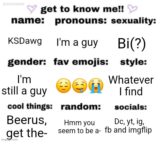 get to know me but better | KSDawg; I'm a guy; Bi(?); 😔🤤😭; Whatever I find; I'm still a guy; Dc, yt, ig, fb and imgflip; Hmm you seem to be a-; Beerus, get the- | image tagged in get to know me but better | made w/ Imgflip meme maker