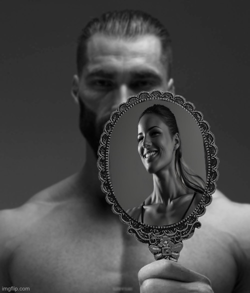 Giga Chad shows Giga Chad a mirror | image tagged in giga chad shows giga chad a mirror | made w/ Imgflip meme maker