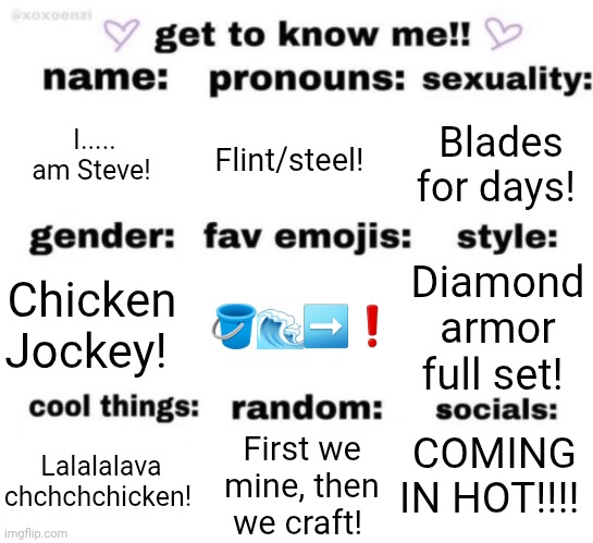 get to know me but better | I..... am Steve! Flint/steel! Blades for days! 🪣🌊➡️❗; Diamond armor full set! Chicken Jockey! COMING IN HOT!!!! First we mine, then we craft! Lalalalava chchchchicken! | image tagged in get to know me but better | made w/ Imgflip meme maker