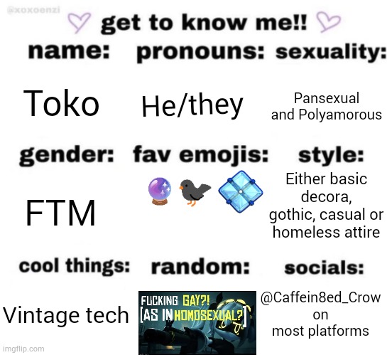 Guh | Toko; He/they; Pansexual and Polyamorous; Either basic decora, gothic, casual or homeless attire; FTM; @Caffein8ed_Crow on most platforms; Vintage tech | image tagged in get to know me but better | made w/ Imgflip meme maker