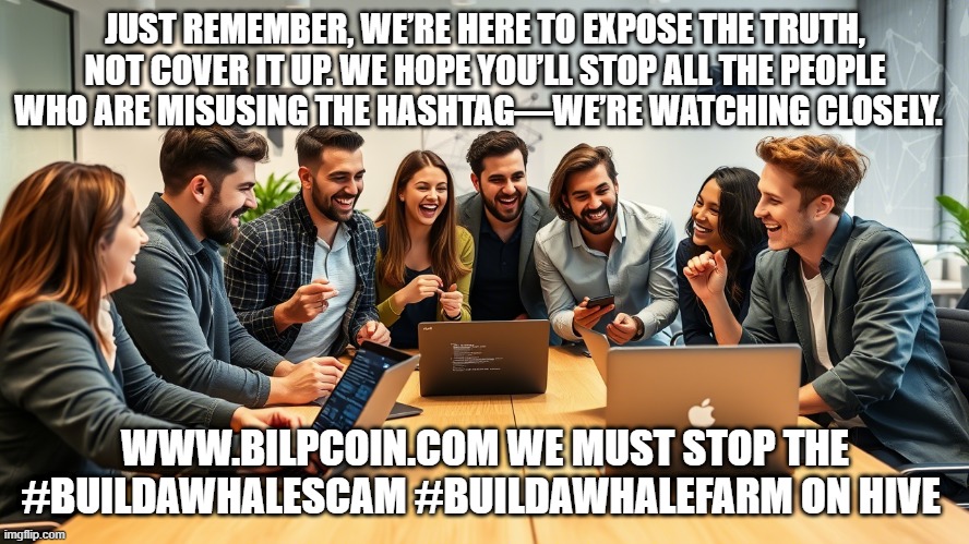 JUST REMEMBER, WE’RE HERE TO EXPOSE THE TRUTH, NOT COVER IT UP. WE HOPE YOU’LL STOP ALL THE PEOPLE WHO ARE MISUSING THE HASHTAG—WE’RE WATCHING CLOSELY. WWW.BILPCOIN.COM WE MUST STOP THE #BUILDAWHALESCAM #BUILDAWHALEFARM ON HIVE | made w/ Imgflip meme maker
